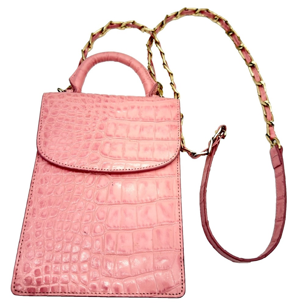 Rachel Parcell Pink Croc Embossed Leather Mini Top Handle Phone Crossbody Bag